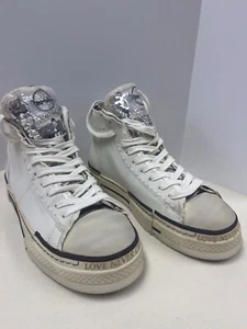 Rebecca White High Top Sneakers Grunge Acid White Leather Sequin Tab 7.5 - Picture 1 of 11