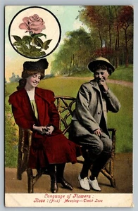 Postal Language of Flowers Rosa Tímido Amor Tímido Pareja Romántica c1908 - Imagen 1 de 2