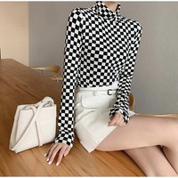 Vintage Checkerboard Top Streetwear Long Sleeve Turtleneck Black White Tee