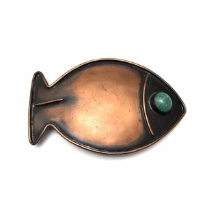 Vintage Modernist Coppertone Green Stone Eye Fish Belt Buckle Handmade In Mexico - Picture 1 of 11