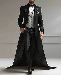 Business Men Suits Beading Beaded Tuxedo Peak Lapel Cocktail Long Tail Jackets - Picture 1 of 23