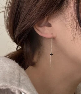 Surgical Steel Natural Black Tourmaline 4mm Threader Earrings 10cm - Picture 1 of 2