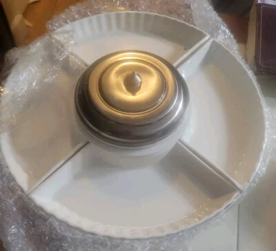 Vintage White Ceramic Divided Serving Tray With Metal Warming Lid And Rack - Image 1 of 4