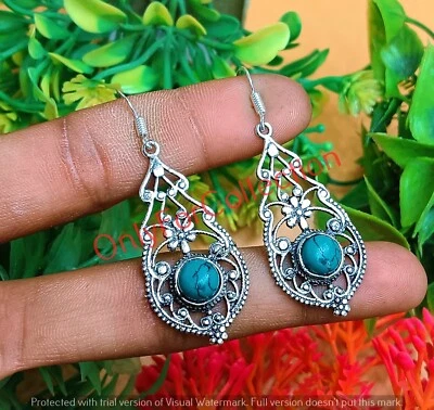 Pendiente enchapado en plata de ley 925 con piedras preciosas turquesa hecho a mano Foto 1 de 2