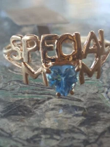 Blue Topaz Labcreated Heart Cut "SPECIAL MOM" Ring 10kt Solid Yellow Gold - Picture 1 of 12