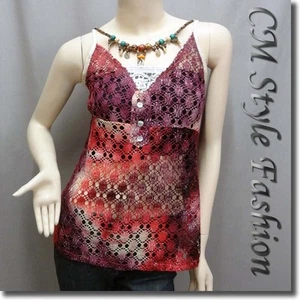 Cute Dyed Ombre Crochet Camisole Tank Top Plum Orange Red XS~S - Picture 1 of 4