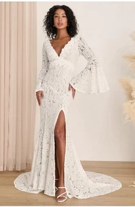 Lulus Weiß Spitze Maxikleid Langarm Meerjungfrau Schleppe Glockenärmel Braut Small - Bild 1 von 13