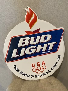 Bud Light Metall Bar Schild USA 96 Olympia Runde Vintage Anheuser Busch - Bild 1 von 5