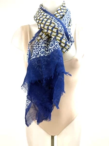 Bindya New York blau, weiß & braun mehrere Drucke Wolle Seide Schal 78"x 30" - Bild 1 von 5