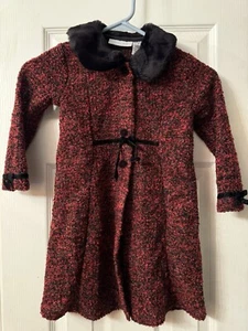 Wonder Kids Button Up Girls Sweater Faux Fur 4T Red And Black Long Ribbons - Picture 1 of 10