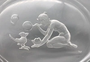 Antique Czech Hoffman Intaglio Cut Glass Boy Blowing Bubbles Trinket Dish - Picture 1 of 4