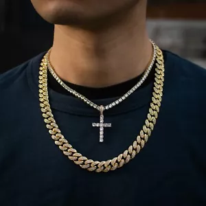 Miami Cuban Link Chain Diamond w/ Tennis Chain Cross Real 14k Yellow Gold Solid - Picture 1 of 2