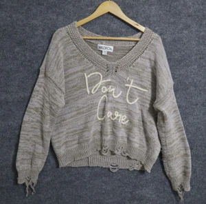 WILD FOX  Sweater Women Medium Beige Distressed Oversized V Neck BOHO Don't Care - Picture 1 of 11