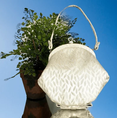 Vintage Tapestry Handbag with Bow Silver Cream Rhinestone Kiss Clasp Wedding - Image 1 of 4
