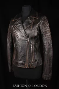 Ladies JENNER Biker Fitted Jacket Black Washed Vintage Look Soft Leather Jacket - Picture 1 of 13