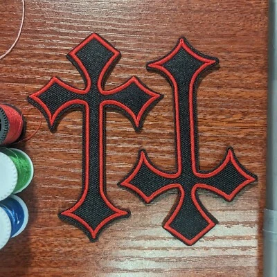 Cross Patch Black Red 2 Pieces Religious Symbol Embroidered Iron On Patch 4x2.5  - Image 1 of 3