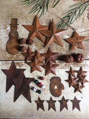 33pc Metal Christmas Sampler Lot Rusty Barn Stars Bells Wire Cutouts Snowman - Image 1 of 4