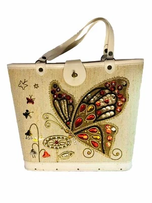 Vintage 50's Fabric And Wood Bag Purse Rhinestone Butterfly 11x12x4” Elegant - Image 1 of 4