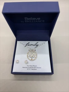 Believe By Brilliance Damen versilbert CZ Stammbaum Halskette und Ohrstecker Set - Bild 1 von 3
