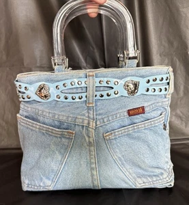 Handgefertigte Denim Jeans Handtasche blau Gürtel & Acryl Griffe Western Beuteltasche USA - Bild 1 von 8