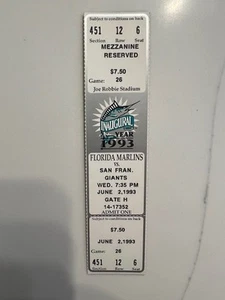 1 MLB FLORIDA MARLINS 1993 INAUGURAL SEASON VS SF GIANTS BASEBALL TICKET STUBS - Picture 1 of 2