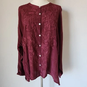 NWT Coldwater Creek Embroidered Tunic Button-Front Top Long Sleeve Red Wine Sz.L - Picture 1 of 12