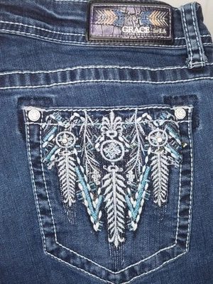Grace in LA Women's 32 Jeans Bootcut Embroidered Feather Aztec Easy Fit 32x33 - Image 1 of 4
