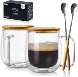 Mugs 12 oz Glass Espresso Cup with Lids Spoon - Double Wall Insulated Clear Coff - Picture 1 of 6