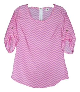 NEEDLE & THREAD BLOUSE PINK PEACH CHEVRON ROLL TAB SLEEVE SZ M MADE IN USA - Picture 1 of 5