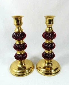 Vintage Ornate Pair of Brass/ Ribbed Red Glass Accents Candle Stick Holders - Picture 1 of 9
