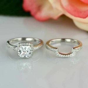 2 Ct Princess Cut Simulated Diamond Bridal Set Wedding 14K White Gold Plated - Picture 1 of 4