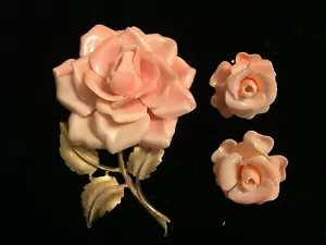 Beautiful Vintage Peach Rose Flower Brooch & Clip Earrings - Picture 1 of 3