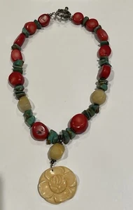 SE Southwest Coral Stone & Turquoise W/ Flower Pendant 925 Bead Necklace 8-10” - Picture 1 of 6