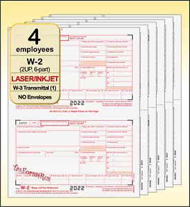 2022 IRS Tax Form W-2 Wage Stmts 4 employees LASER + (1)W3 #W2TRADS605 - NO Env - Picture 1 of 10