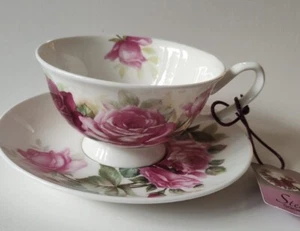 Stechcol Gracias Bone China PINK CABBAGE ROSE Teacup & Saucer set NEW - Picture 1 of 4