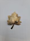 Vintage Sarah Coventry Leaf Pin Brooch With Faux Pearl Gold Tone Detail Etching