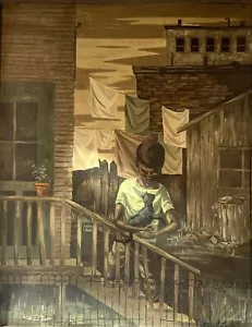 Signed Original Mid Century Oil Painting Of 1960’s New Haven Tenement Boy & Cat - Picture 1 of 6