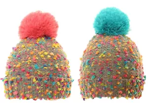 Kinder Strick Bommelmütze bunt Winter Bommel 2 Farben Einheitsgröße - Bild 1 von 3