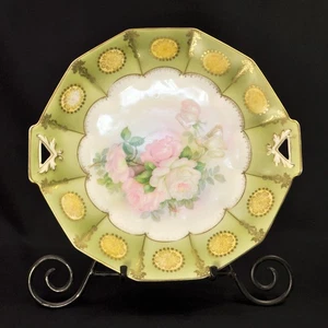 Schwarzburg 12 Sided 11 1/4" Cake Plate 1906-1926 Hand Painted Pink Roses w/Gold - Picture 1 of 9