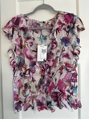 NUEVO CON ETIQUETAS Blusa Campesina Boho TOP Camisa Larga Sl Sedosa M Floral Foto 1 de 3