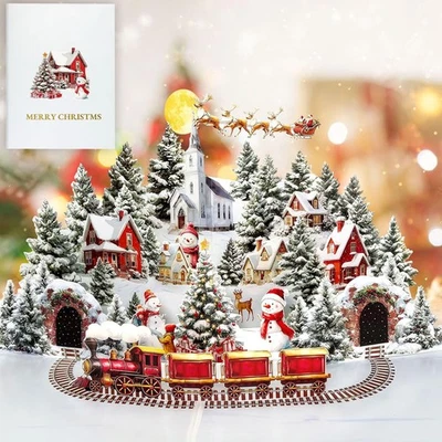 Beautiful 3D Pop Up Christmas Village Card Snowman Reindeer Xmas Fir Trees Gifts