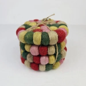 Felt Wool Ball Coaster Rainbow Multicolor Knit Boho Chic Pom Pom Set Of 4 - Picture 1 of 6