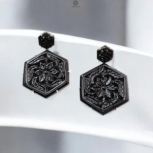 Juego de pendientes de astilla 925 tallados en ónix negro 19,55 gms 2" - Imagen 1 de 6