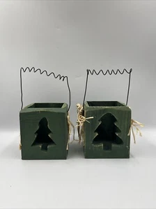 Pair Primitive style decorative box wood with wire handle christmas Tree front - Picture 1 of 13