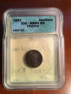 FRANCE  1851  1 CENTIME COIN CHOICE UNCIRCULATED, ICG CERTIFIED MS-64-BN