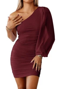 Womens One Shoulder Mesh Long Sleeve Dresses Ruched Party Club Cocktail Bodyc... - Picture 1 of 6