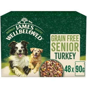 48 x 90g James Wellbeloved Grain Free Senior Wet Dog Food Turkey in Gravy Pouch - Picture 1 of 11