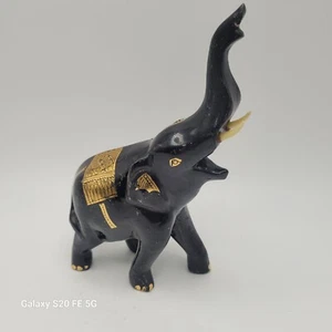 Hand Painted Lacquerware Elephant Sculpture Figurine Thai Black and Gold - Picture 1 of 9