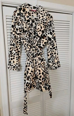 Betsey Johnson Bata Leopardo Lujo Felpa Con Capucha Animal Bolsillos Cinturón Mujer’s M/L Foto 1 de 4