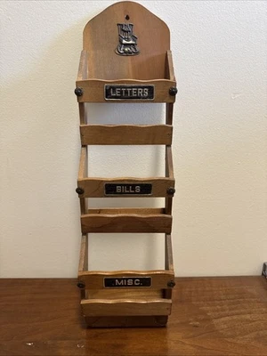 Vintage MCM 3 Tier Wood & Brass Wall Organizer Letter Mail & Bill Holder Enesco - Image 1 of 4